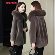 慕舍（mushe）原創(chuàng  )輕奢品牌 海寧皮草外套羊剪絨女中長(cháng)款新款狐貍毛領(lǐng)羊毛大衣 紅灰色 L 建議125-140斤