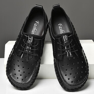 悍臣大碼皮鞋男夏季包頭真牛皮涼鞋夏天男鞋子洞洞鏤空爸爸休閑鞋夏款英倫男士胖腳寬肥豆豆鞋軟底寬頭駕車(chē)鞋 21589-1黑色-鏤空 38 標準皮鞋碼