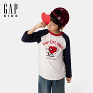 Gap【大小童同款】男女童2025春季新款愛心LOGO插肩袖T恤673827 藍(lán)白拼接 140 cm(10-11歲)亞洲尺碼