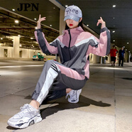 JPN 運動(dòng)套裝女 潮牌時(shí)尚撞色寬松顯瘦休閑跑步服休閑百搭兩件套 灰色 L 【建議120-135斤】