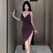 新品女士睡衣性感調(diào)情性感純欲風(fēng)修身荷葉邊開叉包臀裙歐美風(fēng)顯瘦V領(lǐng)低胸吊帶衣裙 酒紅色 現(xiàn)貨現(xiàn)發(fā) S