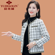 俞兆林（YUZHAOLIN）媽媽春裝短款外套格子開衫小個子中老年女春秋小香風洋氣毛呢上衣 白色 XL (參考90-105斤)