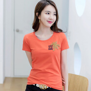谷卓詩(shī) 手工釘珠鑲鉆短袖T恤女2025夏新款圓領(lǐng)修身半袖女士休閑百搭上衣 橙色 S