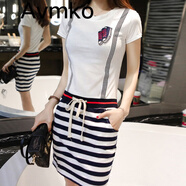 潮牌Avmko短袖連衣裙女夏2022新款學(xué)生棉條紋拼接T恤裙韓版修身顯瘦休閑運動(dòng)包臀裙 白色 XL【118-128】