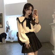 初中生高中生少女冬天穿的POLO襯衫秋冬季新款套裝女娃娃領(lǐng)襯衫長(cháng)袖上衣搭配黑色百褶半身裙子兩件套 娃娃領(lǐng)上衣+黑色短裙（帶內襯）兩件套 M 建議【90-100斤】