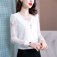 月袖（YUEXIU）女裝春季新款洋氣釘珠長(cháng)袖網(wǎng)紗蕾絲上衣女初秋外穿t恤衫 1385款白色 M【建議90-105斤】