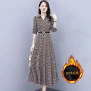 邦菲爾高檔連衣裙女春夏新款法式貴夫人氣質(zhì)收腰顯瘦碎花連衣裙遮肚 深棕色碎花腰帶款（加絨加厚） 2XL(建議120-130斤)