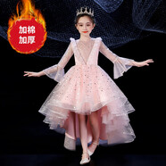 戲狐女童禮服裙洋氣公主婚禮長袖花童婚紗裙主持人走秀生日鋼 粉色長袖【加棉】 100cm身高