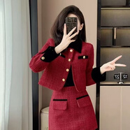 NUKM今年流行法式小香風(fēng)套裝女2025秋冬季新款名媛氣質(zhì)半身裙兩件套 01款紅色短常規+短裙 M  100-110