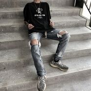 楠語秋（NANYUQIU） FOG風格復古高街破洞牛仔褲長褲修身小腳牛仔褲男INS牛仔褲潮 水洗淺藍· 褲腳有拉鏈 28 適合91-99斤