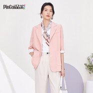 品彩 PinCai 2021年秋季韓版女裝純色中袖拼色CHIC百搭小西裝外套女 PW11DT259 粉色 均碼