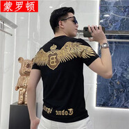 蒙羅頓歐洲站2025夏季新款男士潮牌修身本命年翅膀印花燙鉆紅色短袖T恤 黑色 XL