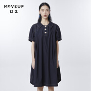 幻走（MOVEUP）2023夏季新款.FUN系列 翻領(lǐng)紐扣撞色線(xiàn)設(shè)計(jì)師純棉連衣裙 深寶藍(lán) L