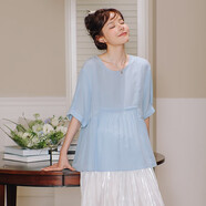 米度麗孕婦裝夏裝上衣遮肚孕婦t恤春夏季寬松短袖娃娃打底衫天絲雪紡衫 藍色-上衣 XL（建議130-160斤左右）