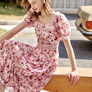 Olrain歐芮兒夏季碎花雪紡連衣裙蕾絲拼接復古提花高腰收腰裙子 粉色印花 M 160/84A