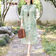 子牧棉麻夏裝 女時(shí)尚簡(jiǎn)約短袖改良復(fù)古文藝中式連衣裙1976 花色 M(建議105斤以內(nèi))