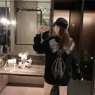 Mad Cortes 港風(fēng)潮牌春季翅膀燙鉆中長(zhǎng)款圓領(lǐng)衛(wèi)衣女寬松套頭休閑短外套 黑色 M