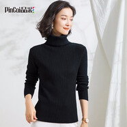 品彩 PinCai 2021年秋季加厚高領(lǐng)毛衣女堆堆領(lǐng)打底衫長(cháng)袖套頭修身彈力保暖針織衫女 PW0JZS389 黑色 M