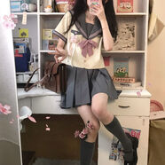 閃動少女 jk制服套裝女日系甜美夏季套裝小個子學(xué)院風(fēng)撞色短袖上衣高腰百褶裙兩件套女裝2022新款 上衣+百褶裙（+領(lǐng)結(jié)） M