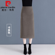 皮爾卡丹高檔品牌女裝毛呢半身裙女秋冬新款感中長(zhǎng)款高腰開叉加厚直筒包臀一步裙女顯瘦針織 卡其色 M