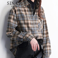 SIN.CYC女裝咖啡格子襯衫女寬松中長(zhǎng)款時(shí)尚氣質(zhì)春裝復(fù)古韓版長(zhǎng)袖襯衣 咖啡格 M 適合90到120斤