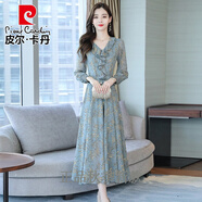 皮爾卡丹品牌高檔女裝 春秋季新款連衣裙洋氣2022女裝收腰顯瘦今年流行雪紡碎花裙子針織 灰色【小黑裙/今年流行的裙子/蕾絲連衣裙/早春連衣 XL【建議120-133斤】