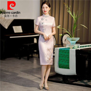 皮爾卡丹（pierre cardin）2024春夏新款旗袍中長款時(shí)尚改良絲綢短袖加大碼雙層老上海旗袍裙 粉紅色-538:538雙層 L建議（95-105斤）