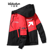 卡度頓夾克男春秋款外套韓版時(shí)尚印花連帽工裝青少年休閑男裝上衣服褂子 大紅色-黑色（常規） L