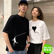 (兩件裝)love情侶裝夏天短袖t恤新款愛心短袖一男一女韓版寬松百搭上衣學(xué)生班服定制 男黑色+女白色 男L+女M
