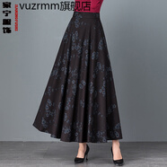 vuzrmm輕奢品牌女裝新品秋冬復(fù)古高腰花色毛呢半身裙長裙大擺A字印花冬裙女舞裙中年厚裙子 小藍(lán)花 S1.8-1.9尺長度85厘米