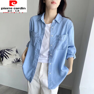 皮爾卡丹（pierre cardin）牛仔襯衫女內(nèi)搭疊穿百搭春秋韓版寬松薄外套休閑打底上衣長袖襯衣 淺藍(lán)色 2XL 建議150-162斤