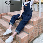 朵粉兒 牛仔背帶褲女2020年春秋新款韓版寬松直筒顯瘦拖地垂感高腰闊腿褲 藍色 L