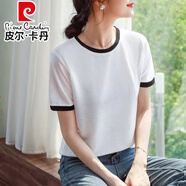 皮爾卡丹（pierre cardin）拼接圓領(lǐng)亮閃閃短袖T恤女2025新款網(wǎng)紅撞色短袖女裝半袖體恤衫 白色 S 80-95斤