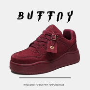 BUFFNY2024秋季美式復(fù)古設(shè)計(jì)感厚底增高面包鞋男女同款潮牌百搭休閑板鞋 酒紅色 42
