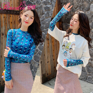 嬈蝶網(wǎng)紅印花網(wǎng)紗打底衫女士薄款夏季長(cháng)衫長(cháng)袖泫雅風(fēng)T恤半透內搭上衣 海藍 杏葉林 均碼打底衫