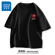 真維斯（JEANSWEST）純棉短袖t恤女裝夏季新款寬松大碼打底衫女半袖小個(gè)子時(shí)尚上衣服 黑色 酒紅的小花_K M