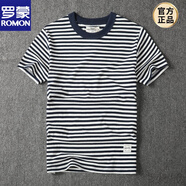 羅蒙（ROMON）美式復古情侶?；晟荔w恤純棉男T短袖撞色打底衫黃色藍白條紋T恤男 藍白條紋 2133 S 建議110斤-125斤