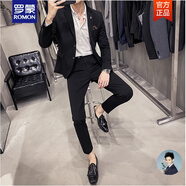 羅蒙（ROMON）春秋款休閑小西裝男套裝痞帥修身韓版新郎結婚禮服大碼西服套裝 兩?？酆谏餮b和長(cháng)褲 S