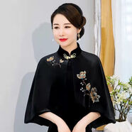 矜持范短外套女春秋款金絨旗袍披肩外搭高端禮服披風斗篷氣質(zhì)繡花 黑色（繡花款） 2XL （建議105-125斤）