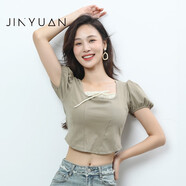 金苑（JINYUAN）短袖T恤女2023夏季新款方領(lǐng)泡泡設(shè)計(jì)感小眾短款上衣F232136 卡其 均碼
