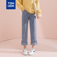 唐獅春秋季新款女牛仔褲翻邊直筒褲寬松 淺牛仔藍/常規 27