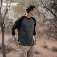 SIMWOOD/簡(jiǎn)木男裝【標(biāo)準(zhǔn)寬松】240g sorona 插肩袖圓領(lǐng)長(zhǎng)袖T恤男SN120061 碳灰配黑 XL建議146-160斤