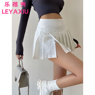 樂雅秀開叉百褶裙短裙性感辣妹高腰a字半身裙女2025新款夏季小個子裙子 白色 XL 建議120-130斤