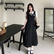 岡蹈學(xué)生連衣裙學(xué)生連衣裙大碼夏季新款小黑裙胖mm女生穿搭學(xué)院風(fēng)假兩 高級感長款連衣裙 XL 【建議115-130斤】