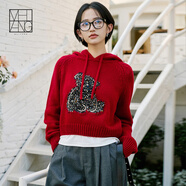 美洋（MEIYANG）小熊毛衣可機洗羊毛新年紅亮片提花圓領針織衫時尚百搭新款毛衣女 紅色（帶帽） XL