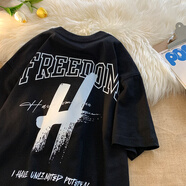 遙渠（YAO QU）重磅純棉美式復(fù)古寬松短袖T恤男ins夏圓領(lǐng)短袖上衣 黑色 XL