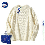 NASA LIKE官方潮牌毛衣男春秋季圓領(lǐng)內(nèi)搭保暖上衣提花外套針織衫冬裝毛線衣 米白色 XL(推薦145-165斤)