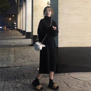 LXKP秋冬慵懶風(fēng)中長款毛衣裙女過膝韓版寬松加厚套頭高領(lǐng)針 黑色 S