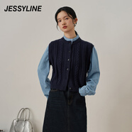 JESSYLINE2024秋季專柜款 杰茜萊假兩件針織開衫毛衣 433203236 藏青色 S