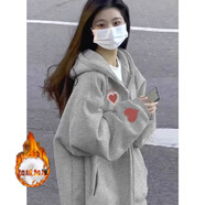 MXQP純棉連帽開(kāi)衫衛衣女2025春秋冬新款寬松設計感小眾拉鏈外套女潮 K2290淺灰色加絨加厚 M 【100-115斤】